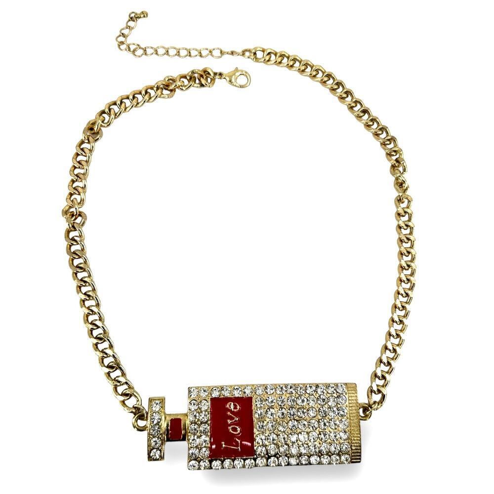 Love Perfume Pendant Red Enamel & Clear Rhinestones Gold Plated Chain Necklace